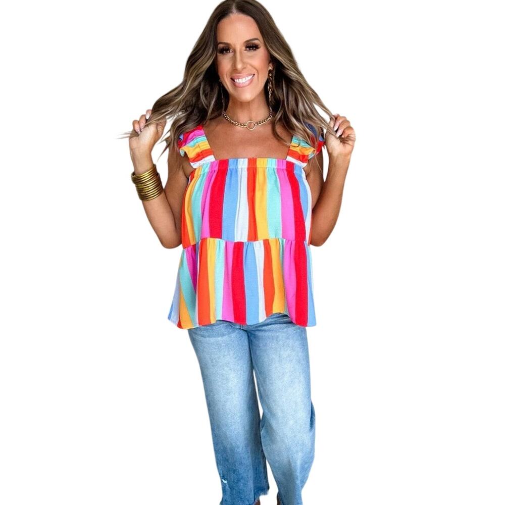 THE GARMENT Rainbow Striped Summer Ruffle Sleeve Babydoll Tank Women’s M